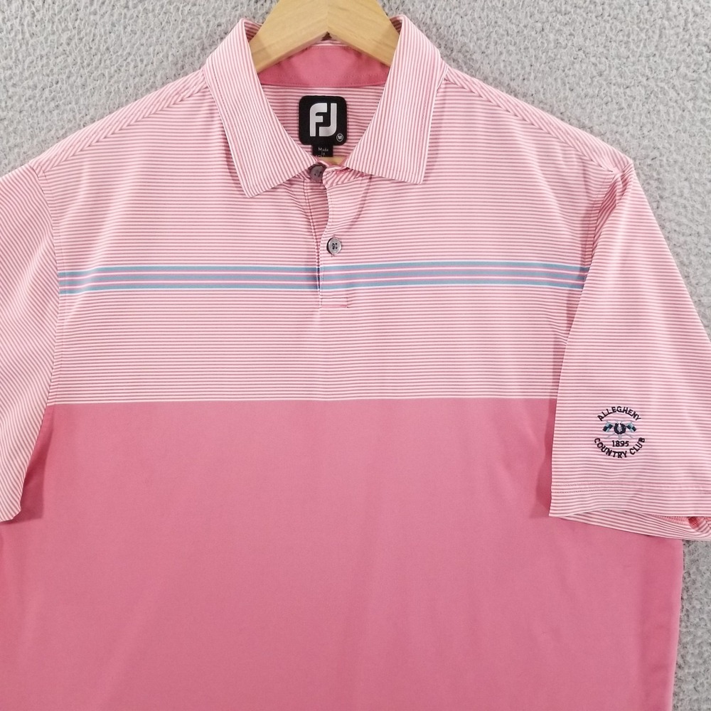FootJoy Polo Shirt Mens Medium Pink Blue Allegheny Country Club Performance Golf